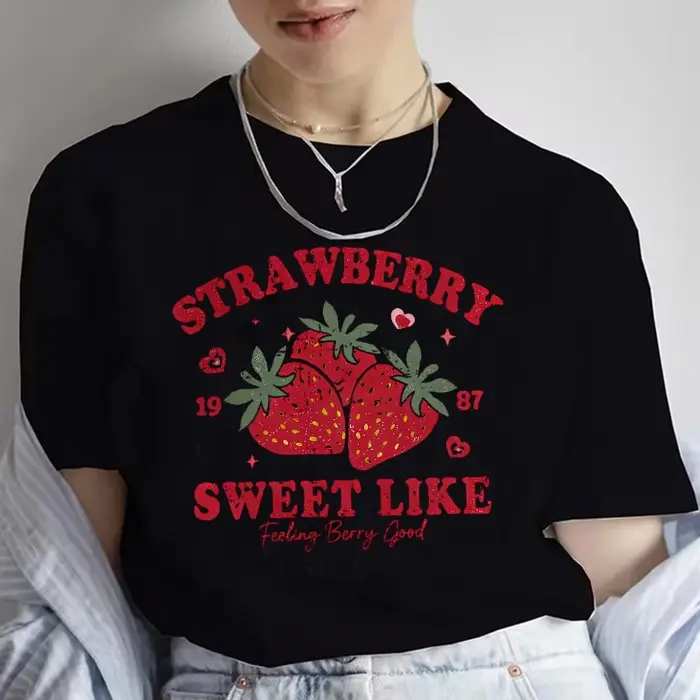 T-shirt blanc imprimé fraise pour femme, décontracté, à manches courtes, col rond, pour l'été, style