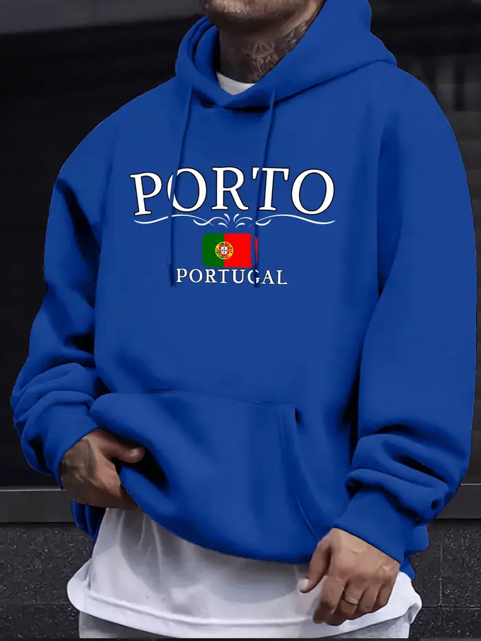 Porto Portugal lettre et drapeau imprime hommes sweat à capuche polaire doux haute rue sweat bases a