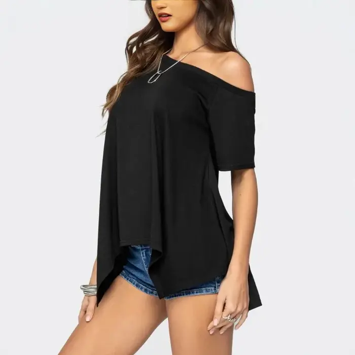 T-shirt asymétrique à épaules dénudées pour femme, manches courtes, coupe ample, ourlet irrégulier, chemisier décontracté uni