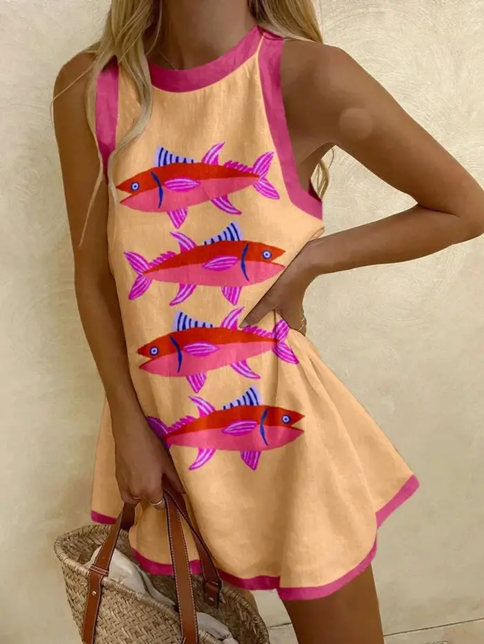 Vacances en bord de mer Sardine poissons tropicaux déclenchant sans manches Mini robes surdimensionnées Y2k dames