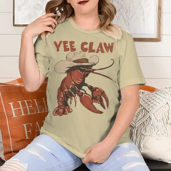 T-shirt unisexe tendance « Yee Claw » vintage à motif homard, manches courtes, col rond, streetwear amusant pour femmes et hommes