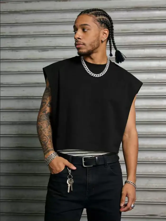 Débardeur Homme Oversize Décontracté Streetwear Uni Épaules Larges Court en Polyester Tailles S-2XL 1 Pièce