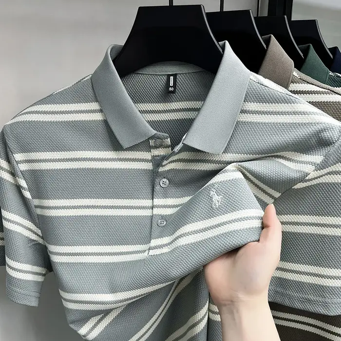 Polo en piqué à manches courtes pour homme avec rayures brodées, T-shirt d'été respirant à col rabat