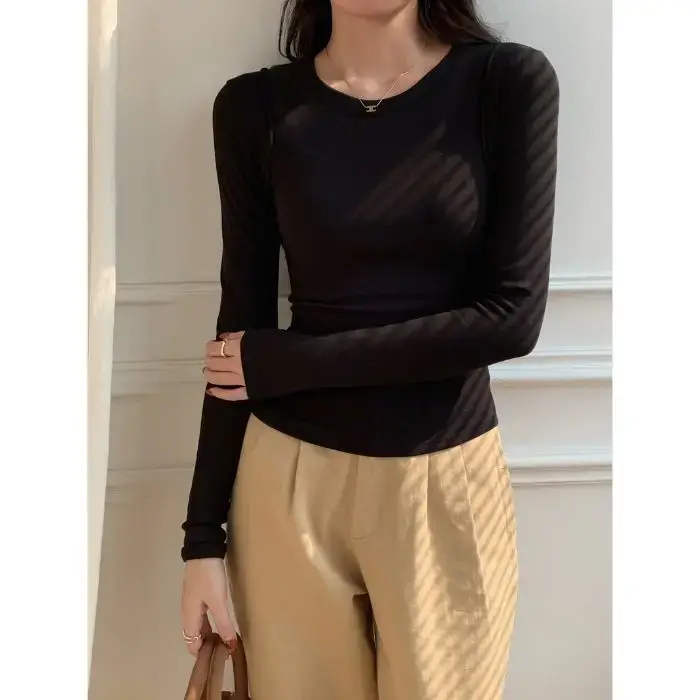 T-shirt à manches longues et col rond pour femme, haut court et Sexy, décontracté, Slim, basique, vê