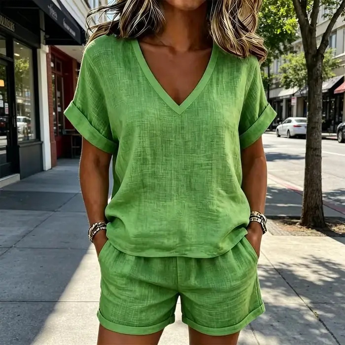 Ensemble T-shirt et Short Femme Col V Manches Courtes Haut