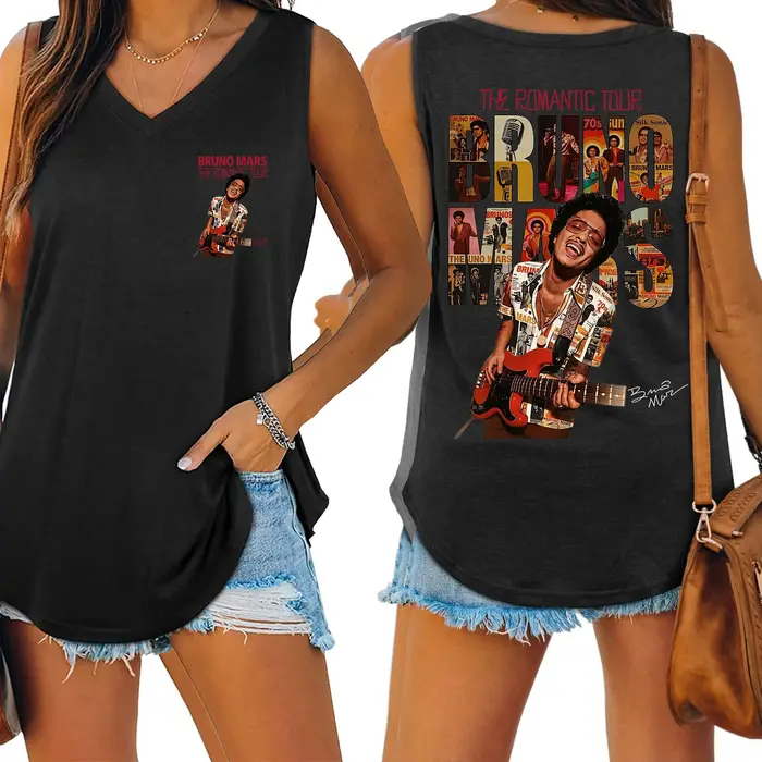 Bruno Mars The Romantic Tour 2026 Tank Top pour femme, décontracté, sans manches, col en V, chemise 