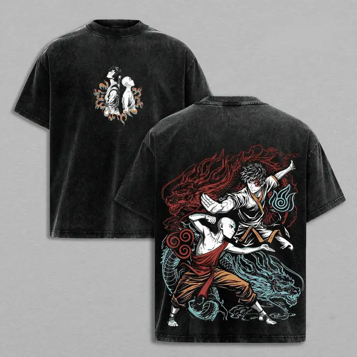 T-shirt imprimé Aang de l'anime Avatar: The Last Airbender, t-shirt lavé, à manches courtes, en pur 