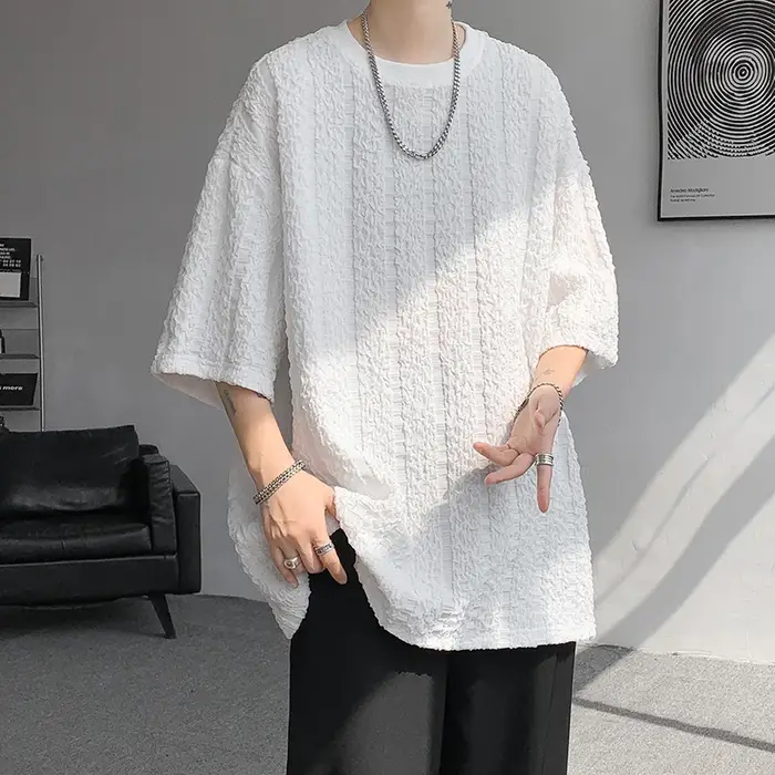 T-Shirt Plissé à Rayures Verticales pour Homme, Manches Courtes, Couleur Unie, Col Rond, Haut de deh