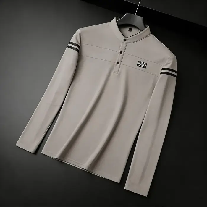 Polo essentiel à manches longues pour homme, bleu marine, avec col mandarin – Vêtement basique toute