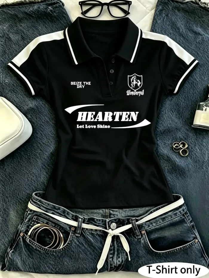 Polo contrasté pour femme, haut slim imprimé logo cheval rétro, tenue décontractée pour le golf et le quotidien, magnifique cadeau d'été pour femmes