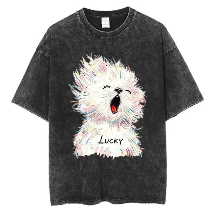 T-shirt délavé à motif chien pour femme, imprimé chiot amusant, style vintage Harajuku streetwear, d