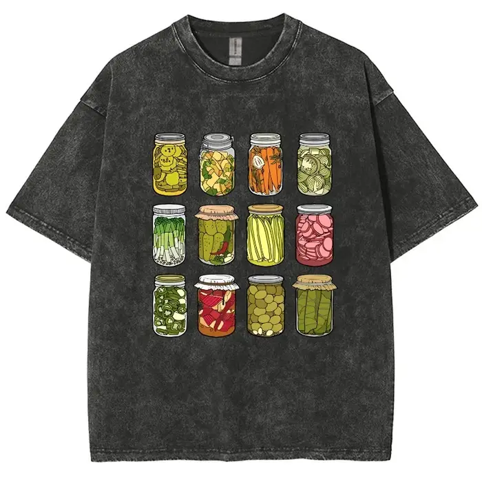 Dessin animé Kimchi imprimé T-shirt rétro lavé coton col rond manches courtes décontracté Design de