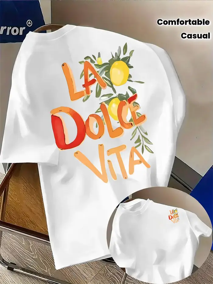 T-shirt pour homme en coton 100% doux de qualité supérieure avec impression artistique citronnée « La Dolce Vita »