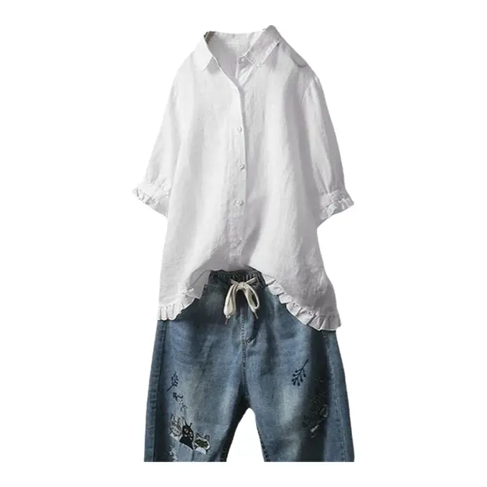 Chemise en coton et lin à manches courtes pour femme