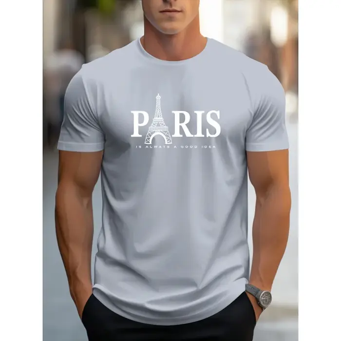 T-shirt à motif Tour Eiffel de Paris pour hommes - Col rond décontracté