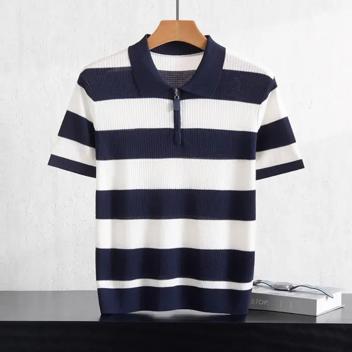 T-shirt pour homme à col polo rayé en tricot à manches courtes 100% Lyocell respirant et confortable pour le travail et les loisirs