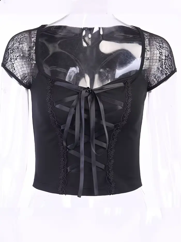 Vintage hauts Goth T-shirt femmes moulante pansement dentelle noir T-shirts gothique Streetwear Sexy