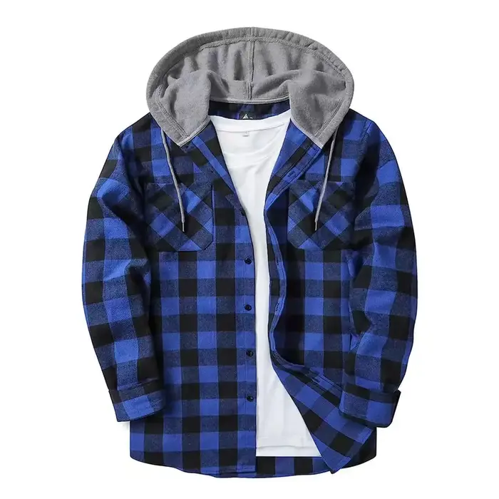 Chemise à carreaux ajustée à manches longues avec capuche pour homme