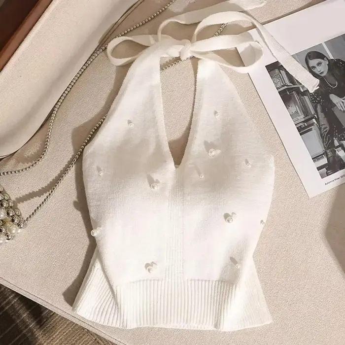 Gilet sans dos en tricot avec perles françaises