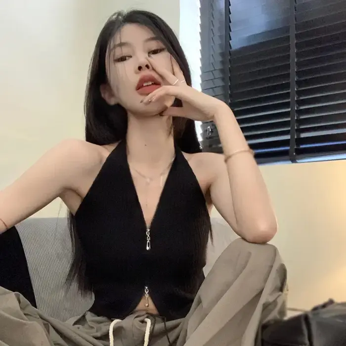 Camisole à col en V pour femme, haut sexy, fermeture éclair, document solide, précieux