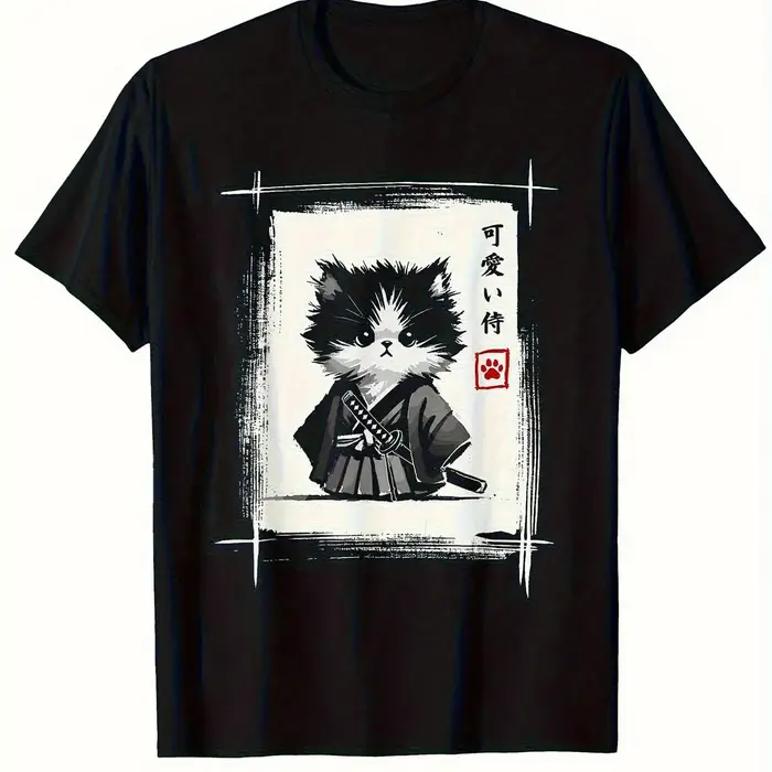 T-shirt imprimé Kawaii Chat Samouraï Art à l'encre japonaise