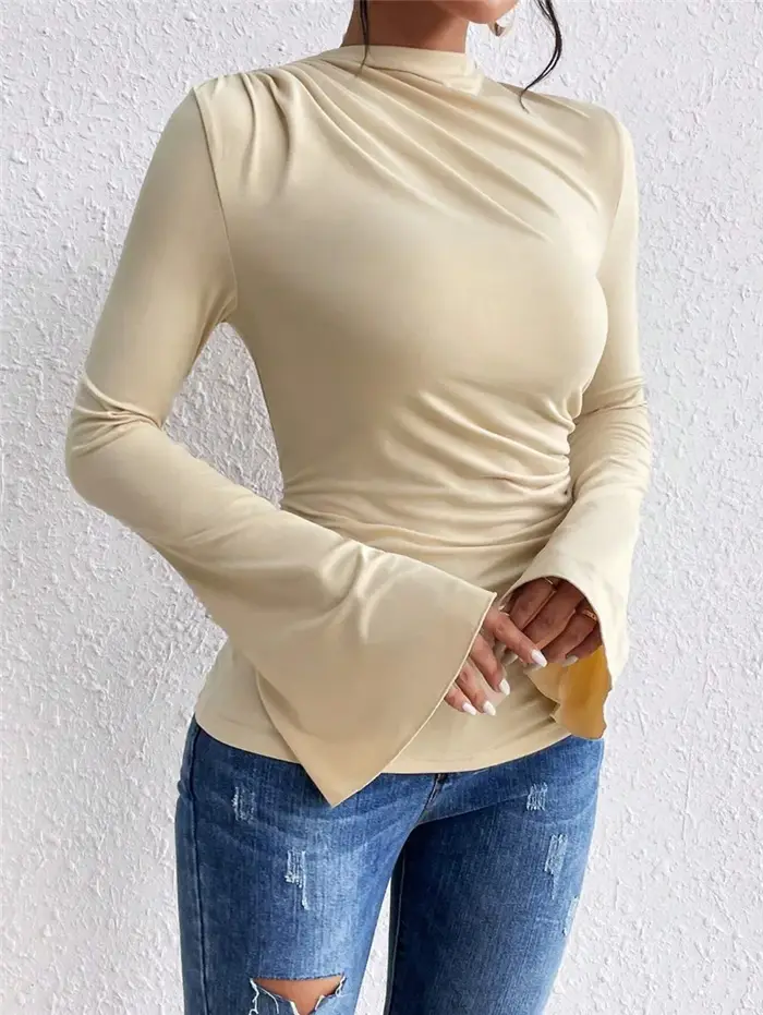 Nouveaux T-shirts plissés à manches évasées pour femmes 2026 – Col montant, coupe ajustée, polyvalen