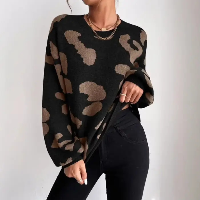 Pull imprimé léopard pour femme, col rond, surdimensionné, automne hiver, haut en tricot polyvalent, chemisier Chic décontracté
