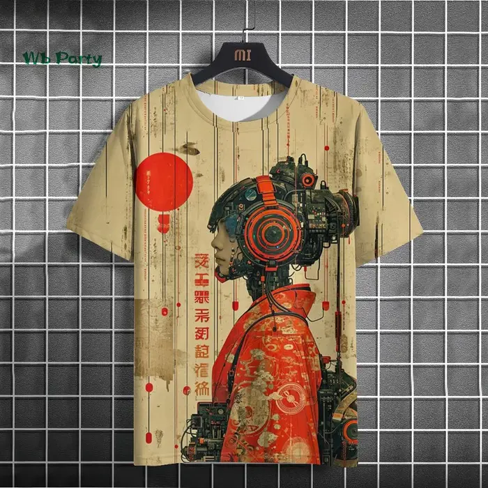T-Shirt japonais pour hommes, motif cyber mécanique 3D, T-Shirt à manches courtes, surdimensionné, H