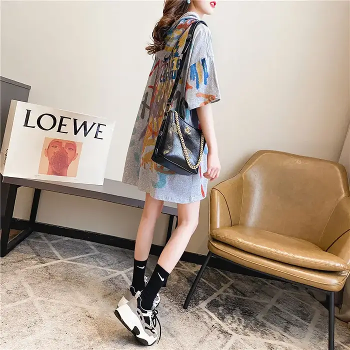 Coréen imprimé ample à capuche T-shirt femme décontracté Streetwear Midi demi manches pulls hauts été mode vêtements pour femmes