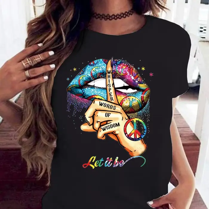100% coton ample col rond bouche créative à manches courtes T-shirt femme surdimensionné