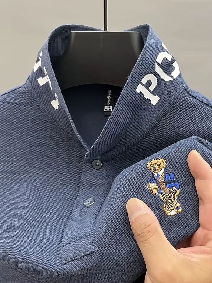Marque de luxe 100 pur coton hommes Polo revers ours broderie à manches longues automne nouveau T-shirt affaires mode