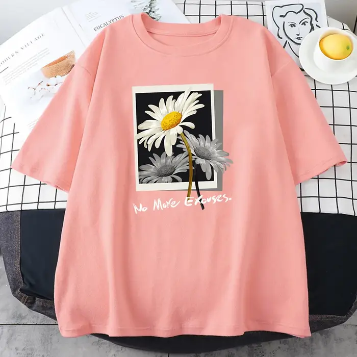 T-shirt en coton avec image de fleur pour femme