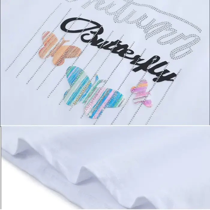T-shirt manches courtes col rond, ample et brillant, en coton, avec lettres imprimées de papillons,