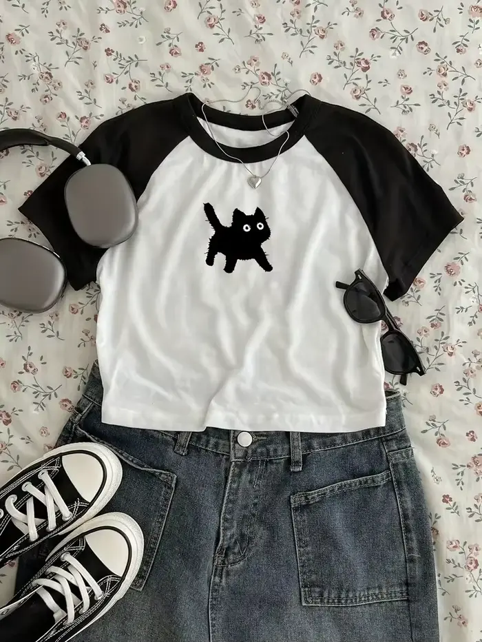 Chat mignon T-shirt imprimé haut court Sexy recadrée à manches courtes col rond T-shirt pour les fem