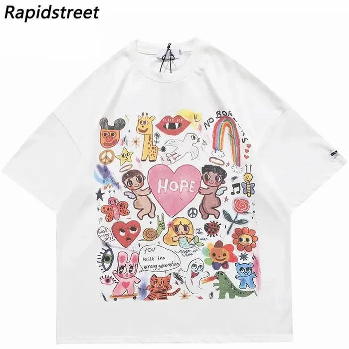 Hommes T-Shirt surdimensionné Hip Hop Streetwear peinture lettre coeur arc-en-ciel anges graphique