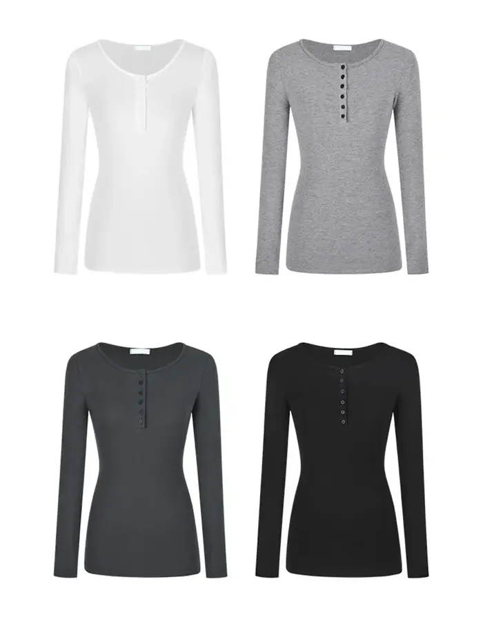 Femmes solide plaine demi bouton avant côtelé t-shirt Simple mode pull haut décontracté coupe ajustée à manches longues