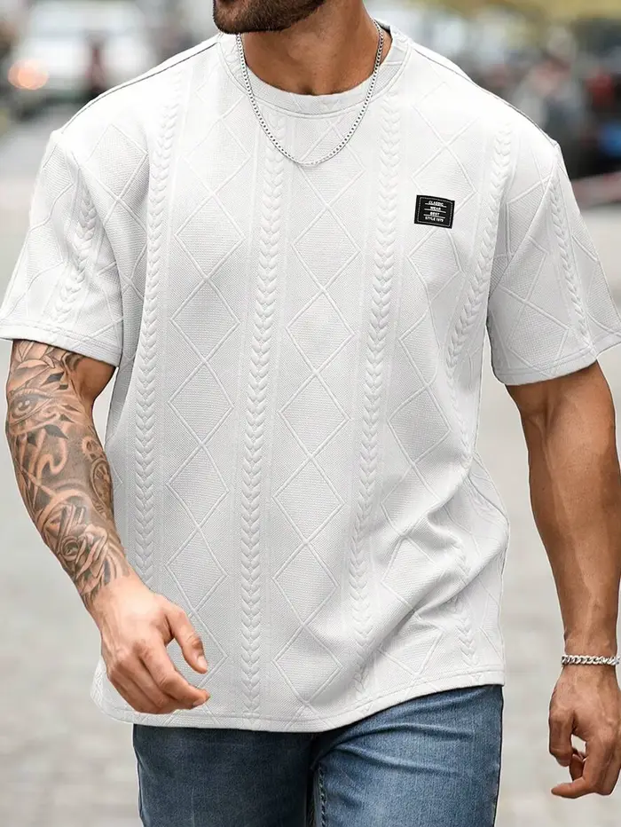 T-shirt jacquard décontracté à manches courtes pour homme, coupe classique, idéal pour l'été
