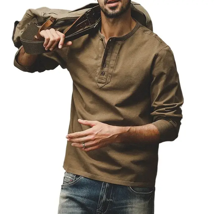 Nouveauté américain rétro col Henry T-Shirt à manches longues hommes ample décontracté haut tendance respirant coton couleur Pure