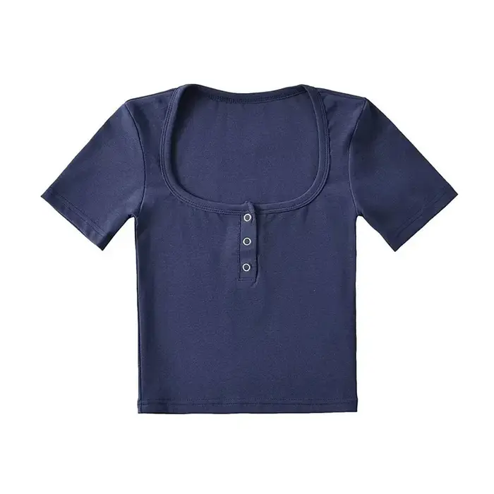 T-shirt court à manches courtes pour femmes, avec boutons sur le devant