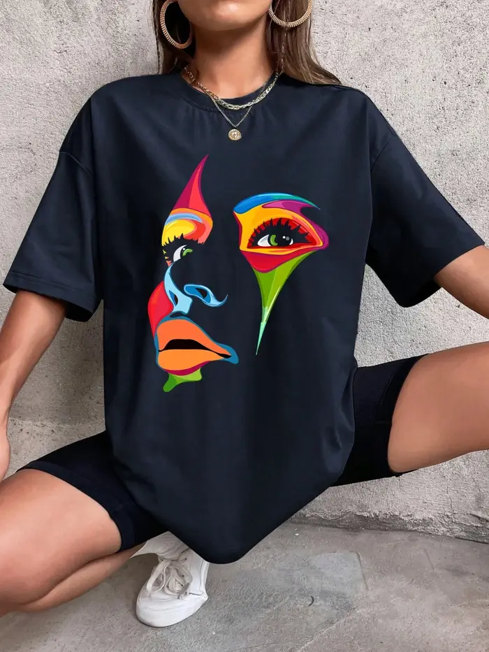 Peint dame visage personnalité Design impression T-Shirt femme rue confortable