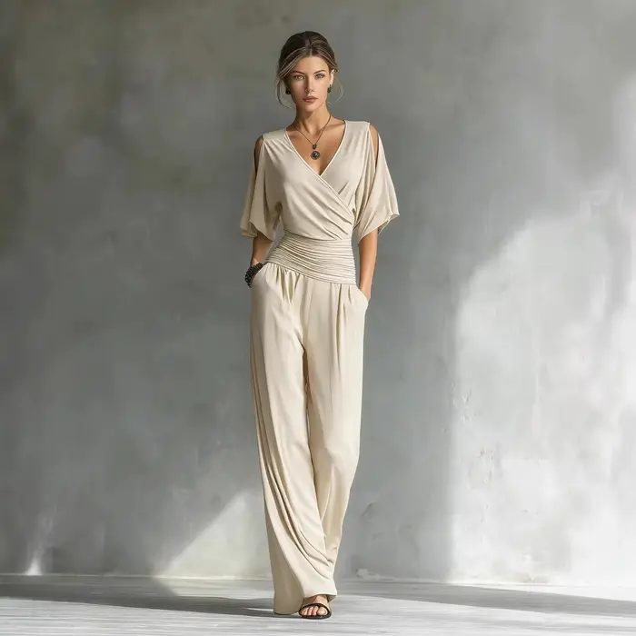 Combinaison Femme Col V Manches Courtes Taille Ample Coupe Ajustée Nouvelle Collection Été Tendance