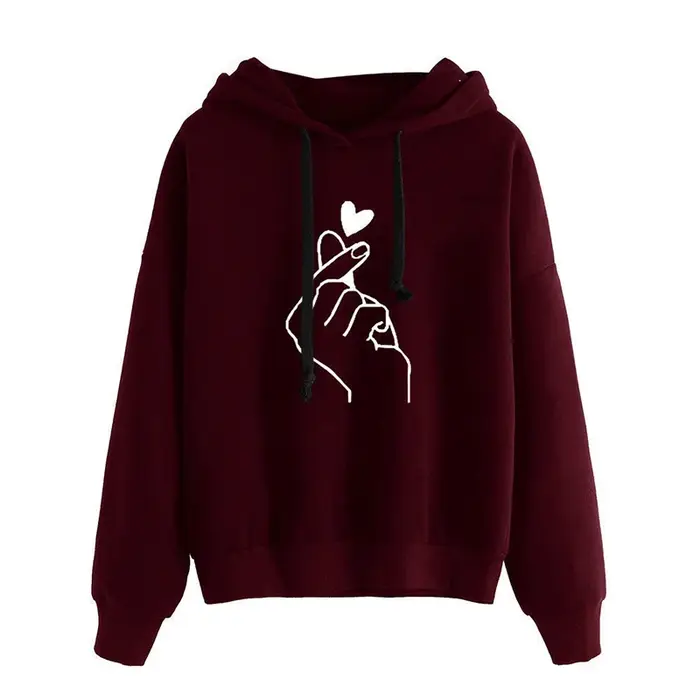 Automne sweat à capuche polaire couleur unie doigt coeur
