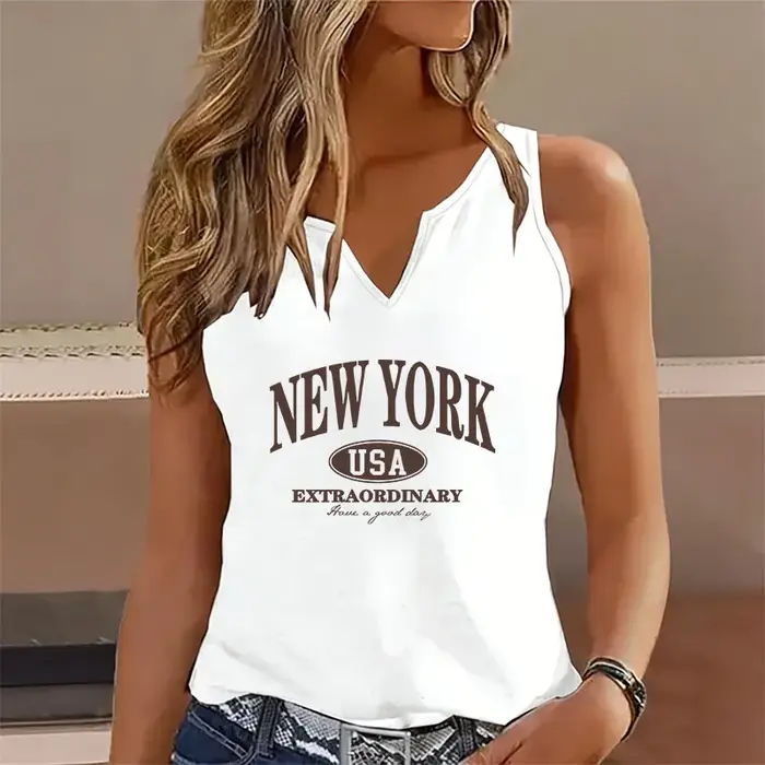 Débardeur T-shirt tendance col en V sans manches décontracté mode USA NEW YORK imprimé pour femme