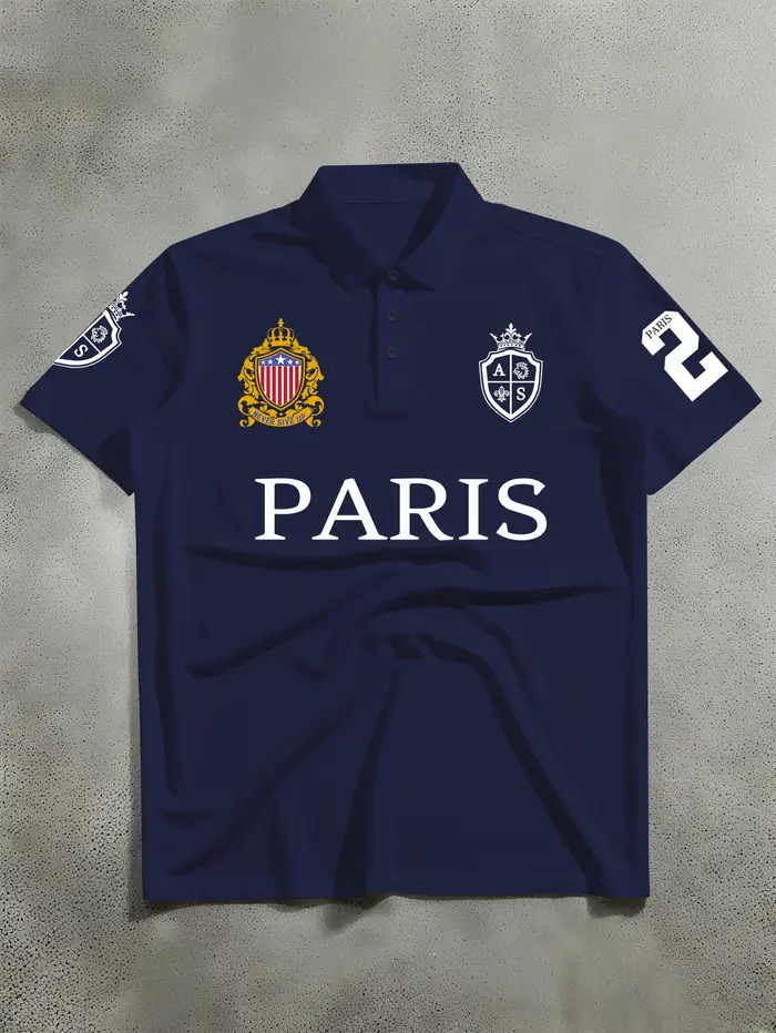 Polo streetwear pour homme avec imprimé graphique du drapeau de Paris, col rabattu, manches courtes,