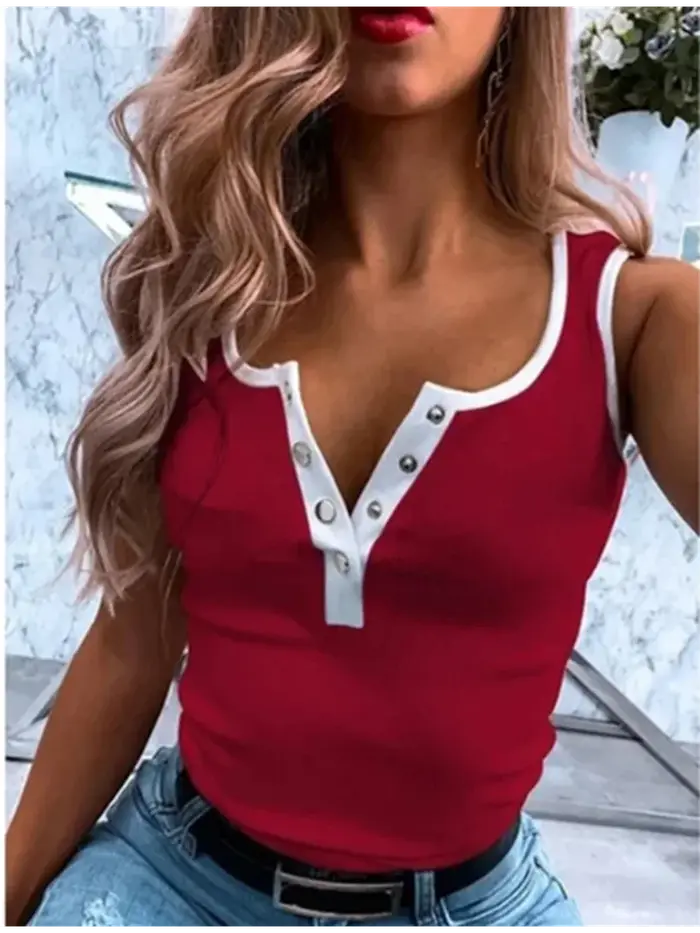 Femmes sans manches bouton mince Camisole monochromatique gilet décontracté été T-Shirt nouveau 2021