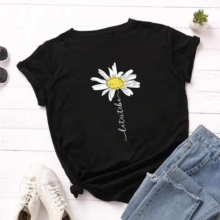 100% coton femmes T-Shirt 2025 été T-Shirt créatif marguerites imprimé femme à manches courtes T-Shi