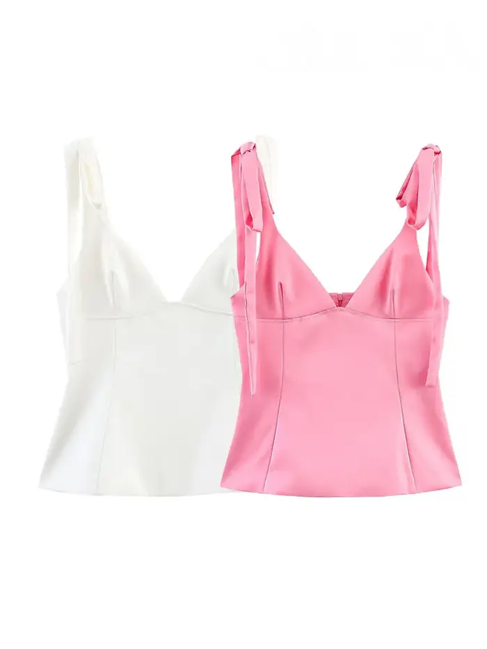 HH femme haut tendance solide col en v sans manches dos nu nœud à lacets décorer fermeture éclair femmes été Sexy mince hauts 2 couleurs +