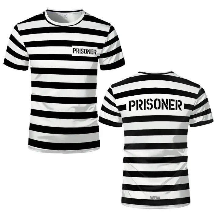 Abstract Prison uniforme style rayé imprimé T-shirt drôle jeu de rôle à manches courtes haut unisex