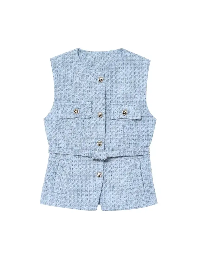 Gilet en Tweed avec ceinture pour femmes, col rond, sans manches, bouton sur le devant, vêtements d'extérieur pour femmes, hauts chics, à la mode