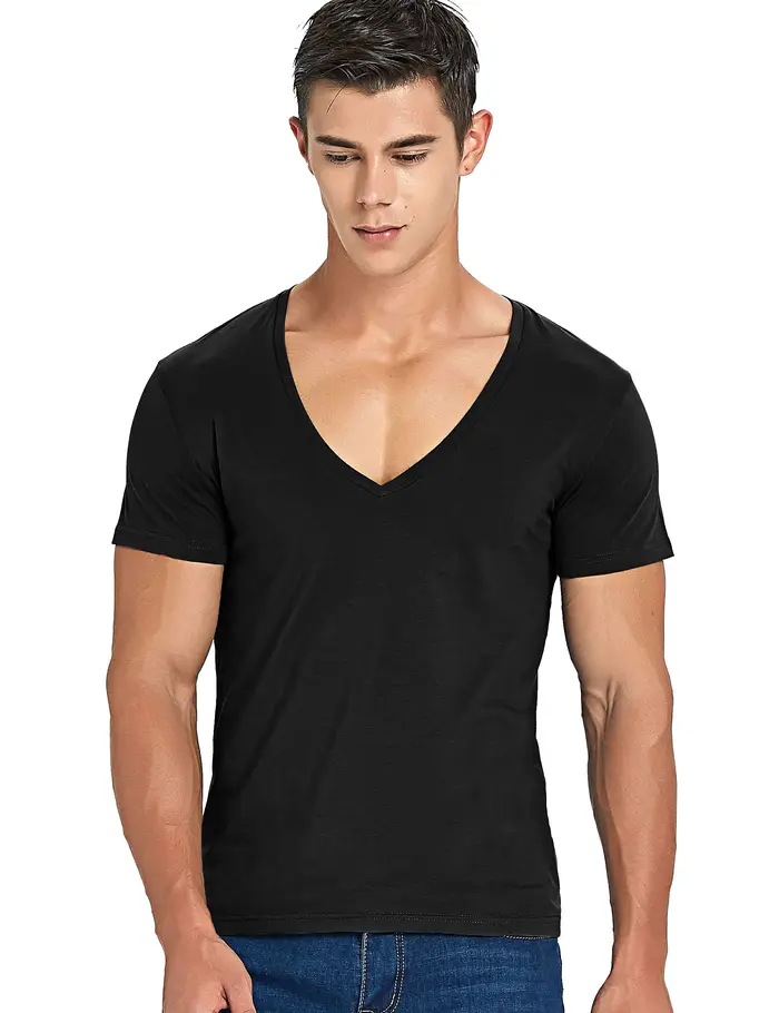 T-shirt à col en V profond pour hommes, coupe basse, haut en V, t-shirts ajustés, manches courtes, s